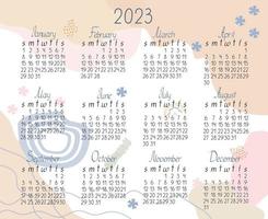 modèle de calendrier pour l'année 2023 dans un style minimaliste simple, arrière-plan coloré abstrait formes lâches sans forme, la semaine commence le dimanche, page imprimable vectorielle vecteur