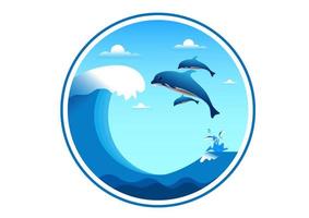 conception graphique logo cercle dauphin poisson sautant avec illustration vectorielle de vague vecteur