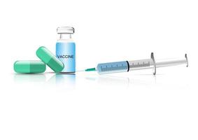 capsule verte médicale et vaccination en bouteille, seringue isolé illustration vectorielle de fond blanc vecteur