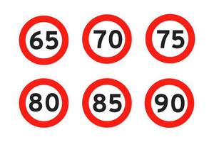 limite de vitesse 65, 70, 75, 80, 85, 90 icône de trafic routier rond signe jeu d'illustrations vectorielles de conception de style plat. vecteur