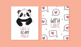 un jeu de cartes avec un panda mignon. panda avec un coeur et un texte t'aime beaucoup bébé, de l'argent avec des coeurs et un texte avec amour. illustration de dessin animé de vecteur d'une carte postale.