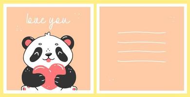 un modèle de carte postale avec un joli panda avec coeur et l'inscription t'aime. le concept de carte pour les enfants. Joyeuse saint Valentin. illustration animale vectorielle. vecteur