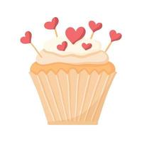 délicieux beau petit gâteau à la crème et aux coeurs. muffin à la chantilly. dessert appétissant pour les anniversaires, mariages et autres fêtes. logo pour les boulangeries. illustration vectorielle.
