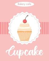 affiche avec délicieux beau cupcake à la crème et à la cerise. flyer avec muffin à la crème fouettée. bannière pour confiseries et boulangeries. illustration vectorielle.