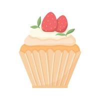 délicieux beau petit gâteau à la crème et aux fraises. muffin à la chantilly. dessert appétissant pour les anniversaires, mariages et autres fêtes. logo pour les boulangeries. illustration vectorielle. vecteur