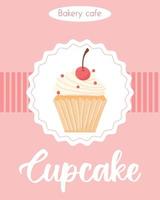 affiche avec délicieux beau cupcake à la crème et à la cerise. flyer avec muffin à la crème fouettée. bannière pour confiseries et boulangeries. illustration vectorielle. vecteur