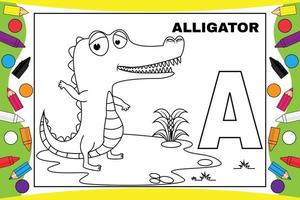 dessin animé alligator à colorier avec alphabet pour enfants vecteur