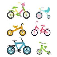 lot de 6 vélos. vélo enfant, ado, adulte. couleurs vives. transports sportifs et récréatifs. Image isolée sur fond blanc. illustration vectorielle, plat vecteur