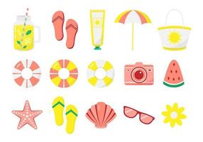 ensemble d'accessoires d'été mignons. collection d'éléments vectoriels plats pour la fête sur la plage.