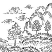 conception de page de coloriage de contour de paysage asiatique de vecteur