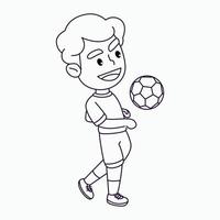 page de coloriage garçon mignon jouant au football, garçon heureux frappant le ballon, illustration de vecteur de dessin animé