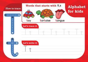 lettre de feuille de travail t, lettre de pratique de traçage de l'alphabet t. lettre t traçage majuscule et minuscule avec jouet, tortue et langue. exercice d'écriture manuscrite pour les enfants - feuille de calcul imprimable. vecteur