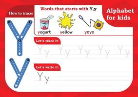 lettre de feuille de calcul y, lettre de pratique de traçage de l'alphabet y. lettre y traçage majuscule et minuscule avec yaourt, jaune et yoyo. exercice d'écriture manuscrite pour les enfants - feuille de calcul imprimable. vecteur