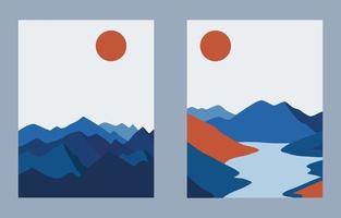 montagne bleue aux couleurs japonaises. paysage de montagne avec rivière et soleil. illustration vectorielle de montagne bleue. couverture et affiche avec montagne bleue. vecteur