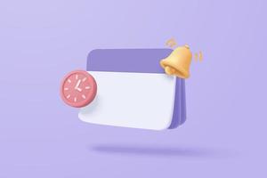 rappel 3d dans le calendrier sur fond violet. page de notifications avec des éléments flottants. alerte pour la planification d'entreprise, les événements, le rappel et le calendrier en arrière-plan. Rendu 3d de cloche de vecteur sur le calendrier