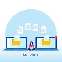 concept de transfert de fichiers, données de sauvegarde, cloud technologique, téléchargement et téléchargement, modèle vectoriel plat