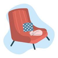 joli chat blanc dormant sur un fauteuil rétro rouge, illustration vectorielle intérieure confortable d'automne vecteur