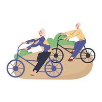 heureux couple de personnes âgées à bicyclette dans le parc. un homme et une femme âgés mènent une vie active. vecteur