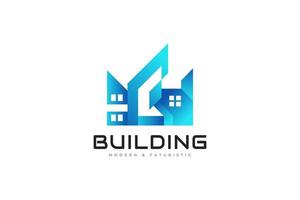 création de logo immobilier moderne et futuriste. logo de bâtiment bleu abstrait. identité de marque de l'industrie de l'architecture ou de la construction vecteur
