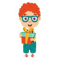 un garçon de bande dessinée aux cheveux roux avec des lunettes avec un cadeau dans ses mains. caractère vectoriel. vecteur