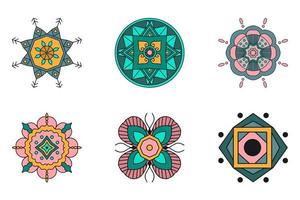 un ensemble d'ornements géométriques de couleur vectorielle avec un contour noir. illustration pour tatouage, logo, centre de yoga, festival indien et bien plus encore. ornements de vecteur isolés sur fond blanc.