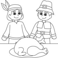 thanksgiving pèlerin amérindien garçon coloriage vecteur