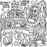 Coloriage sirène avec un gâteau d'anniversaire vecteur