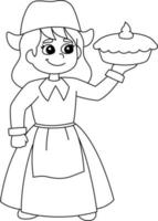 thanksgiving pèlerin fille tenant tarte isolé vecteur
