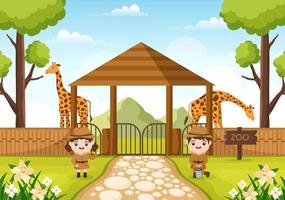 illustration de dessin animé de zoo avec des animaux de safari girafe, cage et visiteurs sur le territoire sur la conception de fond de forêt vecteur