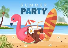 illustration de fond de dessin animé de fête d'été avec des plantes tropicales, équipement sur la plage pour la conception d'affiches ou de cartes de voeux vecteur