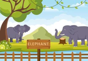 illustration de dessin animé de zoo avec éléphant d'animaux de safari, cage et visiteurs sur le territoire sur la conception de fond de forêt vecteur