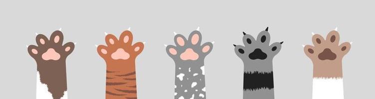 collection de pattes de chat moelleuses. ensemble de diverses silhouettes de pied de chaton mignon isolé sur fond blanc. concept d'animaux et d'animaux de compagnie. illustration vectorielle en style cartoon. vecteur