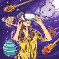 concept d'univers virtuel avec femme utilisant vr vecteur