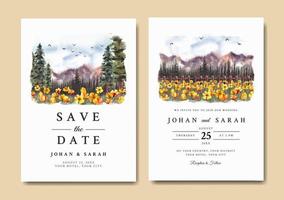 invitation de mariage de paysage naturel avec des fleurs jaunes et des pins aquarelle vecteur