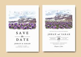 invitation de mariage aquarelle avec fleurs violettes et montagne vecteur