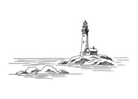 paysage marin. phare. illustration dessinée à la main convertie en vecteur. vecteur d'illustration de croquis de paysage graphique de côte de mer.