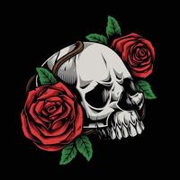 conception d'illustration vintage crâne et fleur rose vecteur