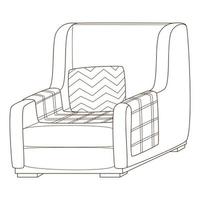 un fauteuil avec une couverture et un oreiller. un objet d'intérieur. meubles de maison. élément de conception avec contour. griffonnage, dessiné à la main. illustration vectorielle noir blanc. isolé sur fond blanc vecteur