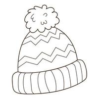 un bonnet avec un pompon. vêtements d'automne et d'hiver. élément de conception avec contour. le thème de l'hiver, l'automne. griffonnage, dessiné à la main. illustration vectorielle noir blanc. isolé sur fond blanc vecteur