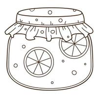 un joli pot de confiture d'orange avec une cape verte. préparations maison. automne, récolte. élément de design alimentaire avec contour. griffonnage, dessiné à la main. illustration vectorielle noir blanc. isolé sur blanc. vecteur