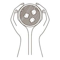 une tasse de café avec des guimauves dans les mains d'une femme. vue de dessus. élément de conception avec contour. griffonnage, dessiné à la main. illustration vectorielle blanc noir. isolé sur fond blanc vecteur