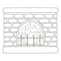 foyer en brique avec un feu brûlant. maison cosy, symbole de l'automne. élément de conception avec contour. griffonnage, dessiné à la main. illustration vectorielle blanc noir. isolé sur fond blanc