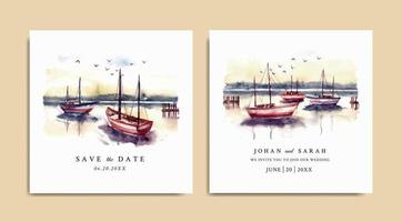 invitation de mariage aquarelle de paysage nature coucher de soleil avec port et bateau
