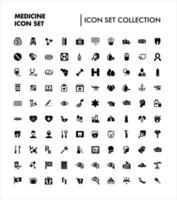 une collection de 100 icônes noires sur le thème de la médecine, de la santé et des dispositifs médicaux vecteur
