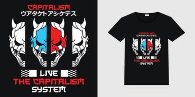 conception vectorielle créative avec le visage du diable et l'écriture « le système du capitalisme » sur fond noir. conception de t-shirt urbain urbain japonais avec illustration de maquette de t-shirt noir. vecteur