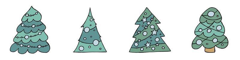 un arbre de noël dessiné à la main. illustration vectorielle dans un style doodle. humeur d'hiver. bonjour 2023. joyeux noël et bonne année. arbres verts avec des jouets bleus sur fond blanc. vecteur