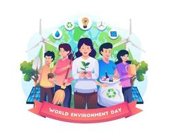 un groupe de personnes du monde entier célèbre la journée mondiale de l'environnement en prenant soin de la terre et de la nature. sauver la planète, économiser de l'énergie. notion de jour de la terre. illustration vectorielle plane