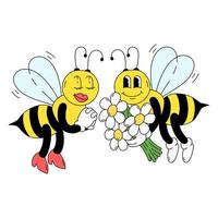 illustration vectorielle d'abeilles dans un style de dessin animé traditionnel. des insectes lors d'un rendez-vous romantique. dessin enfantin pour impression, affiche, autocollant, carte de voeux vecteur