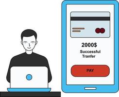 le garçon transfère de l'argent en ligne. vecteur