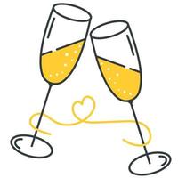 deux verres de champagne sur fond blanc. vin mousseux dans des verres en verre. Saint Valentin 14 février. les amoureux. graphiques de lignes vectorielles. icône, autocollant. vecteur